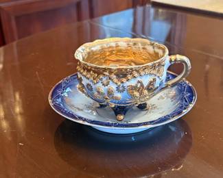Victorian Style Cobalt Blue and Gold Porcelain Footed Teacup and Saucer
