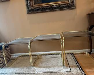 Mid-Century Modern Brass and Smoked Glass Nesting Tables, Set of 3
