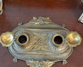 Art Nouveau Grape and Leaf Motif Double Inkwell Stand