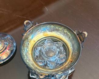 Silver-Tone and Cut Glass Honey Dish with Hebrew Inscription