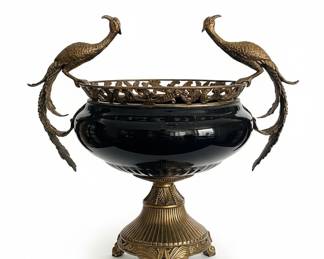 Vintage Black Porcelain and Bronze Peacock Centerpiece Bowl