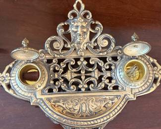 Vintage Ornate Brass Tone Double Inkstand with Grotesque Mask