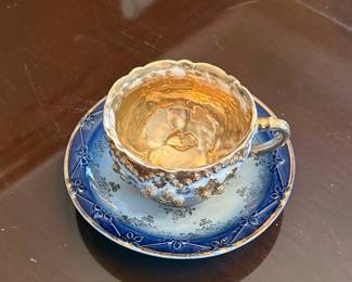 Victorian Style Cobalt Blue and Gold Porcelain Footed Teacup and Saucer
