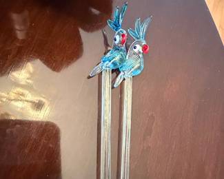 Vintage Hand Blown Glass Parrot Cocktail Stirrers - Set of 2