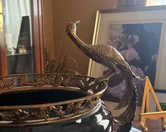 Vintage Black Porcelain and Bronze Peacock Centerpiece Bowl