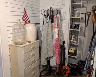 Glass jug/ crock/ vintage aprons 
