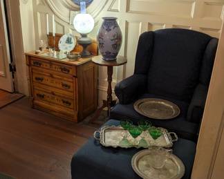 Blue sitting chair & ottoman/ 3 drawer chest 