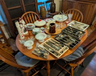 Silver plate flatware/ dinner table and chairs 