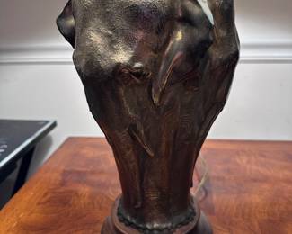 VINTAGE TRIPLE-ELEPHANT SCULPTURAL TABLE LAMP  Chapman / Frederick Cooper Style Circa 1970s–1980s  Sculptural three-elephant cast-metal body with dark bronze/brass-tone patina Turned wood base • Original-style hardware  A substantial vintage statement lamp in the Hollywood Regency / exotic revival tradition