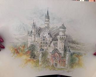 Signed Neuschwanstein Castle Art Print — Lovely watercolor-style depiction of Bavaria’s famous Neuschwanstein Castle, with detailed architecture, mountain scenery, and soft autumn colors. Artist signature visible lower right.