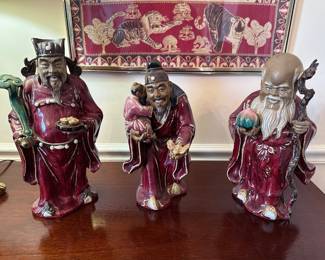 Vintage Chinese Ceramic Sanxing Figurine Set (Fu, Lu, Shou) Details: Set of 3 glazed ceramic figures with velvet-covered bases. Minor vintage paint wear. Represents Prosperity, Status, and Longevity. Sold as a set. 