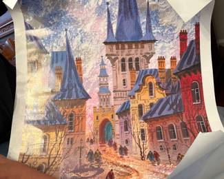 Large Signed European Architectural Art Print — Colorful vintage-style winter cityscape featuring dramatic European architecture, towers, and figures. Beautiful saturated blues, reds, and golds. Artist signature in lower margin. Large format, ready for framing.