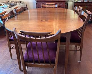 LANE FURNITURE MID-CENTURY "PARAGON"  Walnut DINING ROOM SET   • Dated: Sept 1, 1964 (Style #933)  • Solid Walnut with Inlaid Bowtie Accents  • Includes Extension Table with Leaves  • Full Set of Custom Table Pads Included  • 6 Chairs (1 Armchair, 5 Side Chairs)