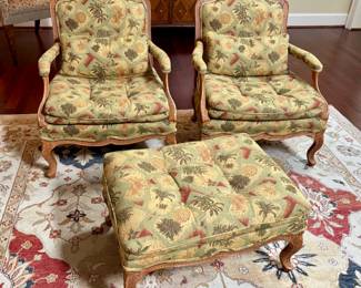 Matched fauteuil (pair) with single matching ottoman...
