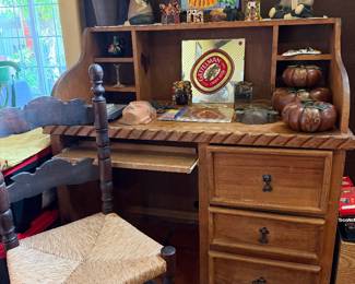 Pine desk, Rush vintage chair
