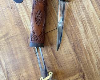 Vintage wood sheath with knife and fork