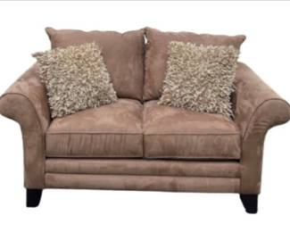 Contemporary Two Seater Suede Tan Loveseat - Signed Bassett