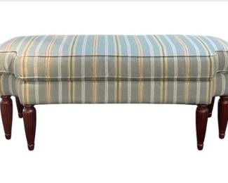 Upholstered Striped Bench With Turned Mahogany Finished Legs