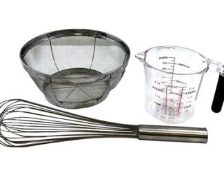 Kitchen Trio: Stainless Steel Mesh Strainer, Dansk Whisk And Plastic 2 1/2 Measuring Cup