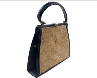 Mid-Century Genuine Pony Hair & Black Leather Handbag With Brass Kiss Closure