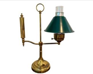 Brass Desk Lamp With Hurricane Globe And Tole Shade