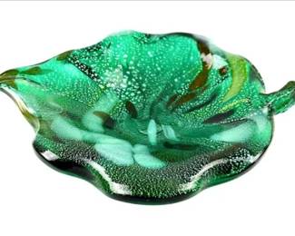Mid-Century Murano Emerald Green Bullicante Glass Leaf Bowl