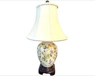 Chinese Crackle Glaze Porcelain Lamp With Silk Shade & Teak Base