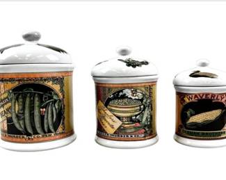 Set Of 3 Vintage Mann Ceramic Vegetable Themed Kitchen Canisters