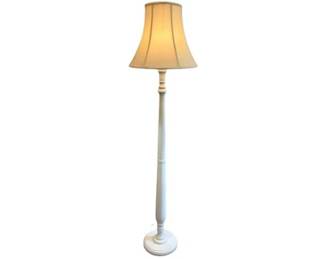 White Traditional Turned Lamp With Yellow Striped Bell Shaped Shade - 5 Ft. Tall