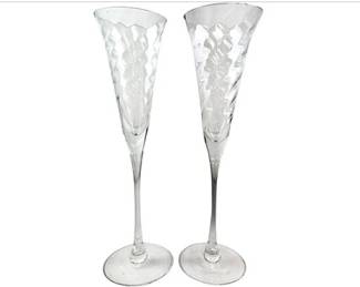 Pair Of Crystal Champagne Flutes With Swirl Pattern
