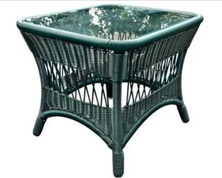 Green Wicker End Table With Inset Glass Top