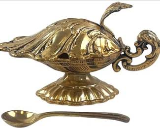 Rare I.F.S. Ltd Silver Plated Gold Tone Shell Shaped Lidded Salt Cellar With Spoon