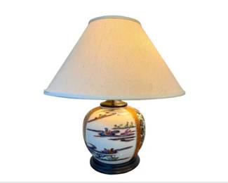 Painted Ceramic Lamp With Linen Shade