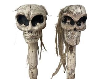 Pair Of Vintage Wooden Decorative Gothic Skull Props