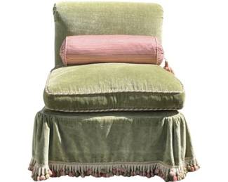 Vintage Green Velvet Slipper Chair With Pink Trim And Bolster Pillow