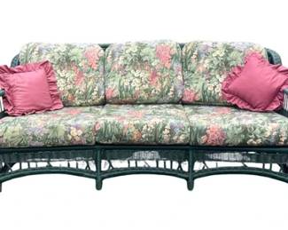 Vintage Henry Link Style Green Painted Wicker Three Seat Sofa