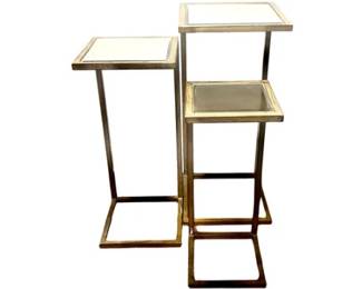 Set Of Three Tiered Square Glass Nesting Side Tables With Brushed Brass Frames