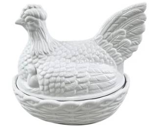 Vintage White Ceramic Hen In Nest Covered Dish With Basketweave Base