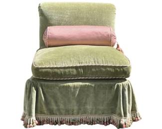 Vintage Green Velvet Slipper Chair With Pink Trim And Bolster Pillow