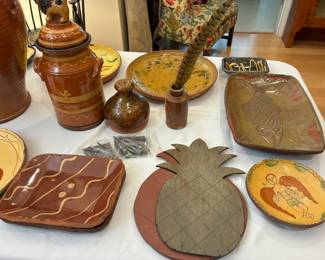 Redware square plate, slate trivets, Redware plate with angel by Shooner, $45