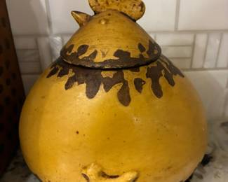 Folk art chicken lidded jar, $25