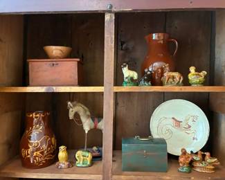 Redware vase, pitcher, and animal figurines
