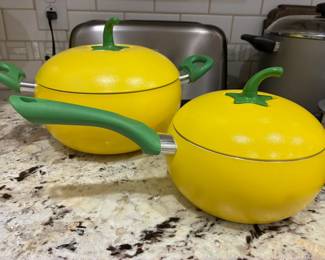 Yellow dutch oven $18; yellow stock pot $12
