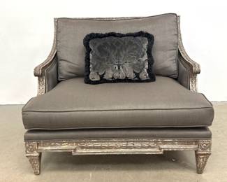 Lot 1682 French Style Carved Wood Love Seat Chair with Distressed Gray Silver Gilt Paint Finish and Ribbed Up