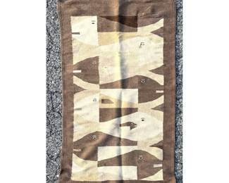 Lot 2064 2 4.5 X 4 3.5 Vintage Zapotec Flat Weave Wool Tapestry Rug with Stylized Interlocking Fish Motif