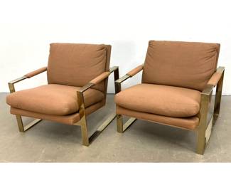 Lot 1479 Pr THAYER COGGIN Brass Tone Flat Bar Cantilever Lounge Chairs. Upholstered Seat Cushions and Arms. O