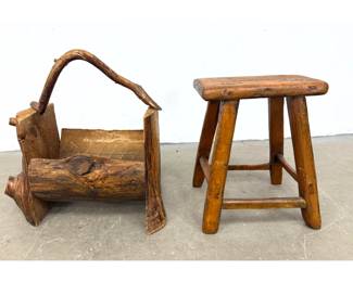 Lot 1534 2pcs Rustic wood Furniture. Rustic Primitive 4 Leg Wood Stool and Folk Art Log Form Magazine Carrier