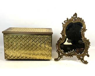 Lot 1987 2pc Brass Decorative Lot Featuring Basketweave Fireplace Wood Box and Rococo Revival Easel Back Vani