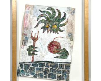 Lot 1494 Wayne Cunningham mixed media collage on paper, Bucks County artist, framed under glass.