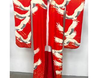 Lot 1707 Japanese Silk Uchikake Wedding Kimono Red Ground With Multiple Flying Cranes and Gold Leaf Accents S